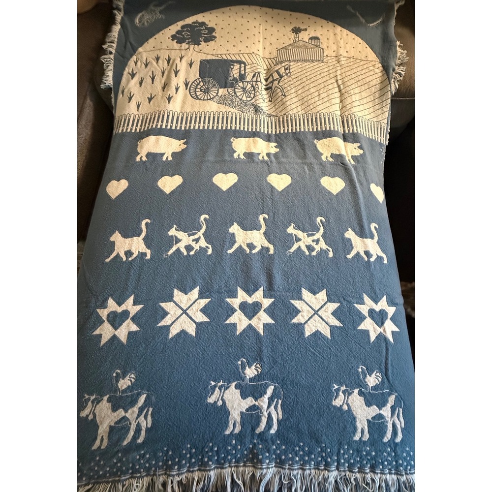 Vintage Woven Tapestry Throw Blanket Country Farm Animals Blue Cream Fringed